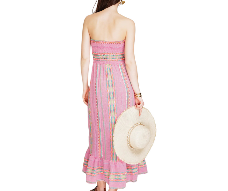 Italian Cotton Fluorescent Vertical Aztec Striped Long Strapless Maxi Dress w Stretch Bodice