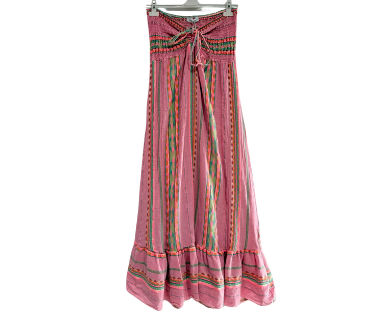 Italian Cotton Fluorescent Vertical Aztec Striped Long Strapless Maxi Dress w Stretch Bodice