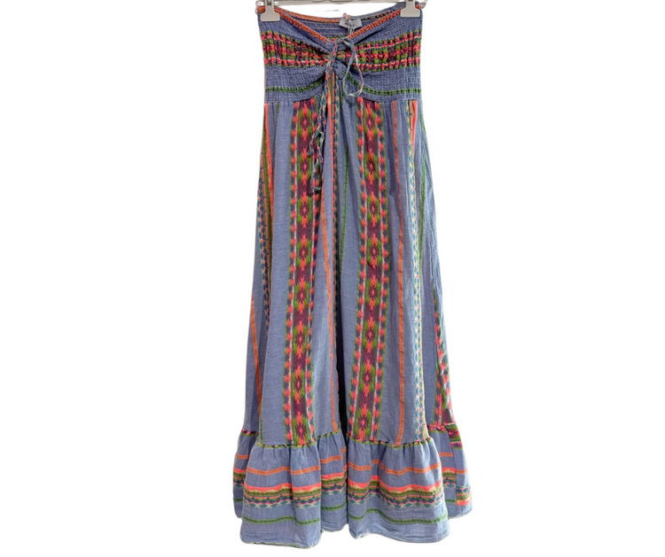 Italian Cotton Fluorescent Vertical Aztec Striped Long Strapless Maxi Dress w Stretch Bodice