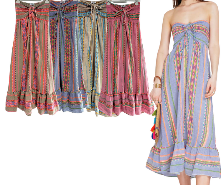 Italian Cotton Fluorescent Vertical Aztec Striped Long Strapless Maxi Dress w Stretch Bodice