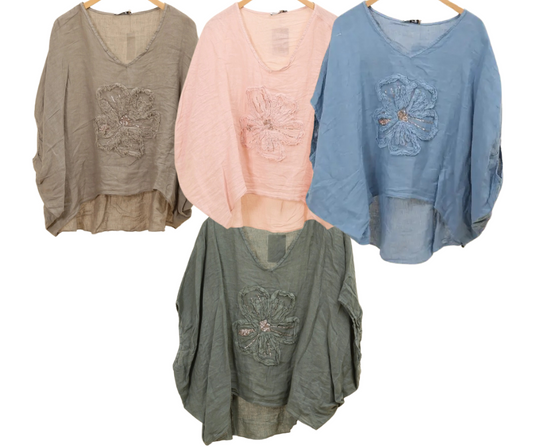Italian Linen Oversized Dolman Short Sleeve Shirt Top with Floral Sequin Applique