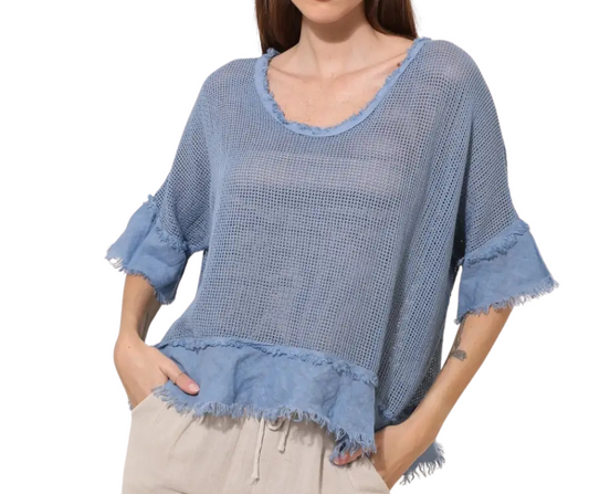 Italian Linen Oversized Fishnet Mesh Short Sleeve Shirt Top with Raw Edge