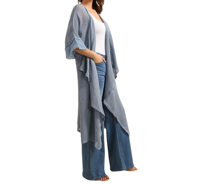 Italian Linen Fishnet Mesh Open Front Kimono Duster with Raw Edge
