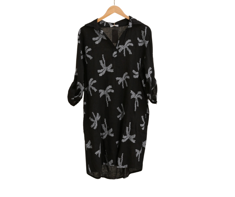 Italian Linen Pullover Knee Length Shirt Dress with Palm Print