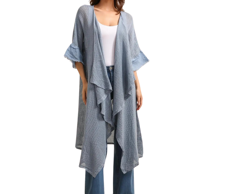 Italian Linen Fishnet Mesh Open Front Kimono Duster with Raw Edge