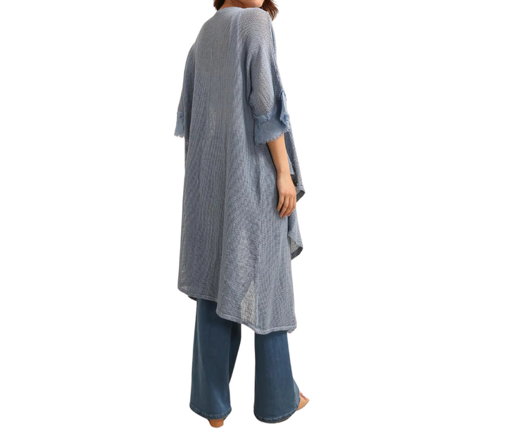 Italian Linen Fishnet Mesh Open Front Kimono Duster with Raw Edge