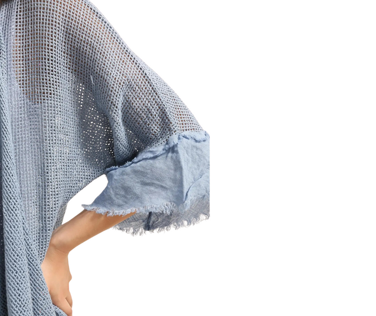 Italian Linen Fishnet Mesh Open Front Kimono Duster with Raw Edge
