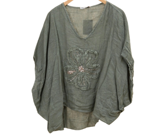 Italian Linen Oversized Dolman Short Sleeve Shirt Top with Floral Sequin Applique