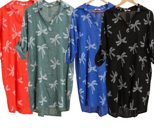 Italian Linen Pullover Knee Length Shirt Dress with Palm Print