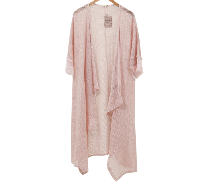 Italian Linen Fishnet Mesh Open Front Kimono Duster with Raw Edge