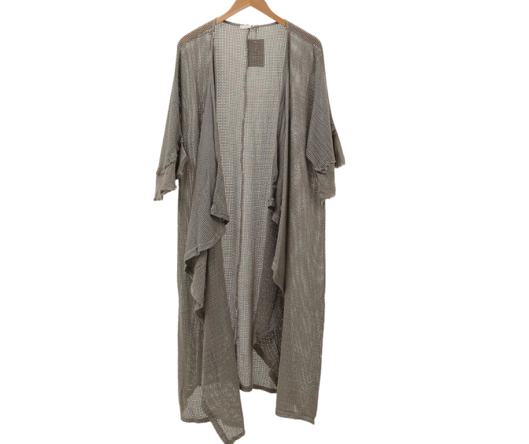Italian Linen Fishnet Mesh Open Front Kimono Duster with Raw Edge