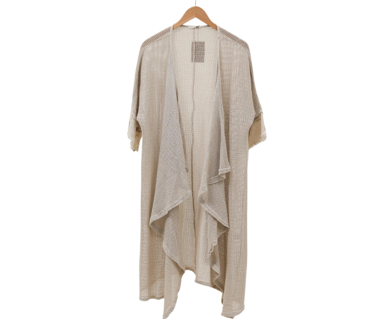 Italian Linen Fishnet Mesh Open Front Kimono Duster with Raw Edge
