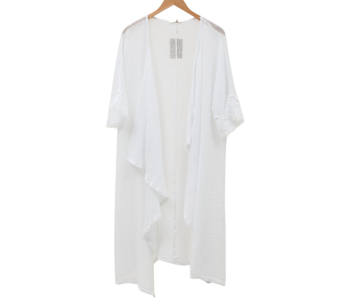 Italian Linen Fishnet Mesh Open Front Kimono Duster with Raw Edge