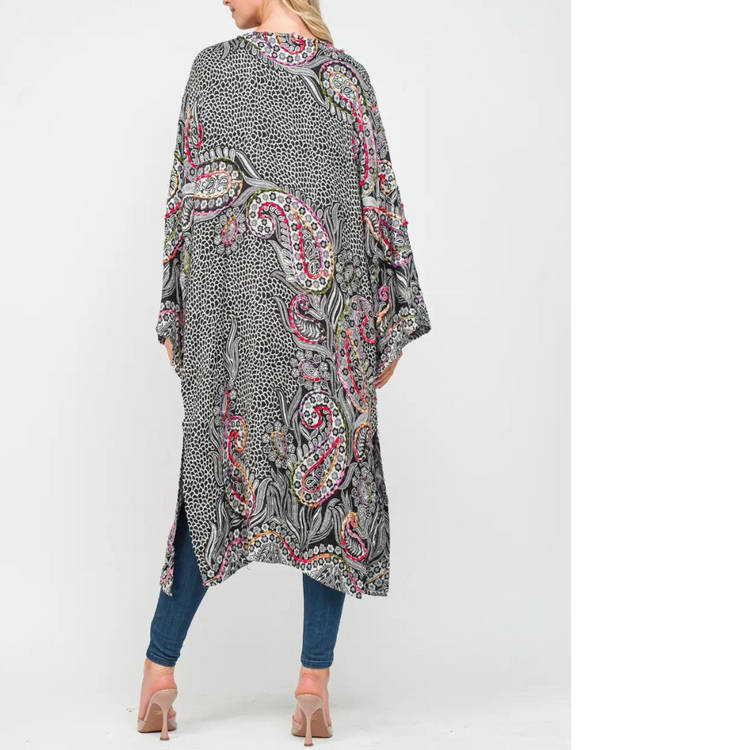 Black Abstract Floral Paisley Colorful Thick Stitched Hand Embroidered Long Kimono Duster from India