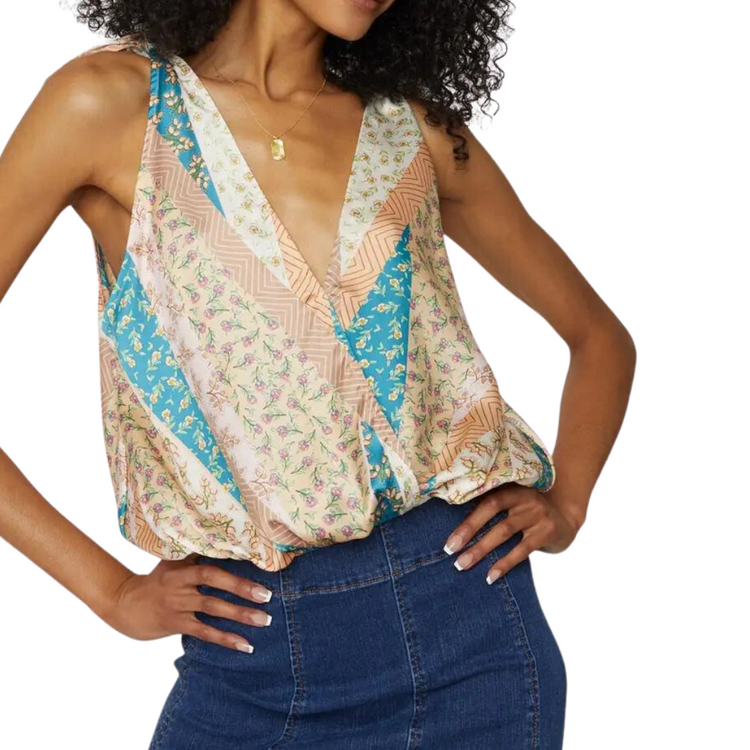 Satin Floral Patch Block Print Top with Tie Shoulder Straps