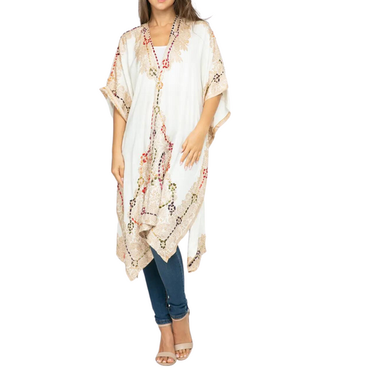 White with Gold Design and Colorful Thick Stitch Hand Embroidered Midi Kimono from India