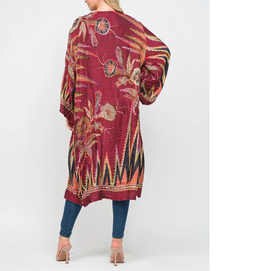 Burgundy Abstract Floral Thick Stitch Colorful Hand Embroidered Long Kimono from India