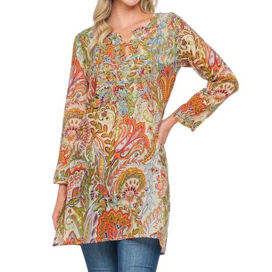 Ivory Orange Blue Paisley Printed Embroidered Cotton Tunic Top from India