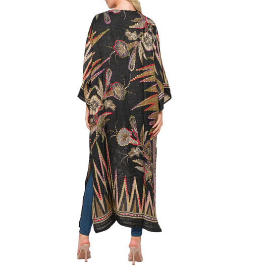 Black Gold Thick Stitch Colorful Hand Embroidered Long Kimono from India