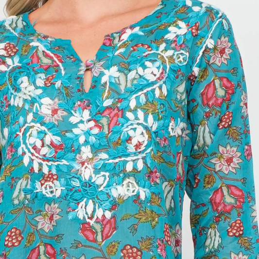 Turquoise Pink Green Floral Printed Embroidered Cotton Tunic Top from India