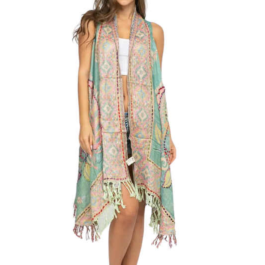 Boho Teal Pink Yellow Blue Thick Stitch Embroidered Long Vest from India