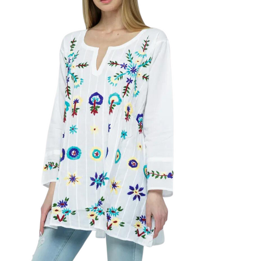 White Multi Embroidered Cotton Tunic Top from India