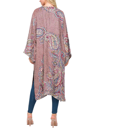 Plum Abstract Floral Paisley Colorful Thick Stitched Hand Embroidered Long Kimono Duster from India