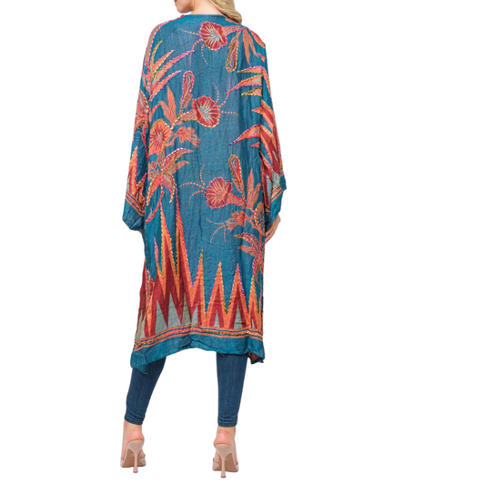 Teal Rust Abstract Floral Thick Stitch Colorful Hand Embroidered Long Kimono Duster from India