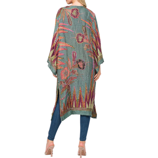 Green Abstract Floral Thick Stitch Colorful Hand Embroidered Long Kimono from India