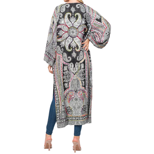 Black White Thick Stitch Hand Colorful Embroidered Long Kimono from India