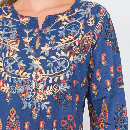 Blue Printed Embroidered Cotton Tunic Top from India