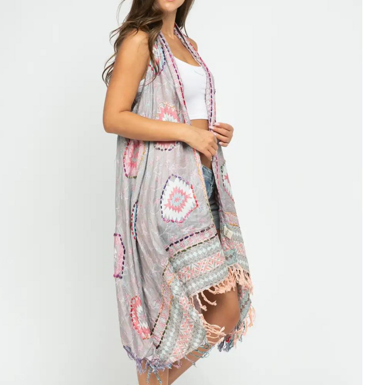 Boho Grey White Pink Long Vest with Colorful Thick Stitch Embroidered from India