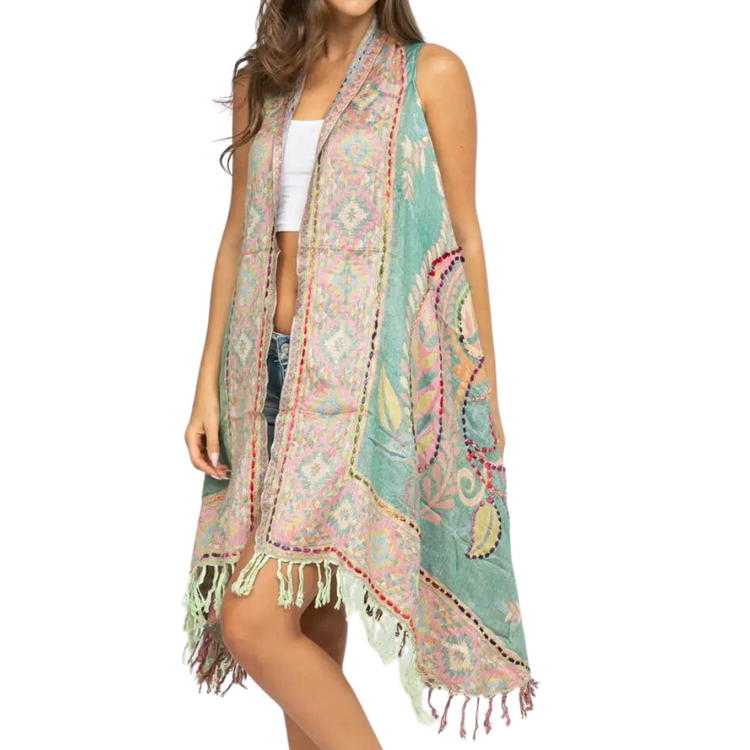 Boho Teal Pink Yellow Blue Thick Stitch Embroidered Long Vest from India