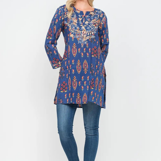 Blue Printed Embroidered Cotton Tunic Top from India