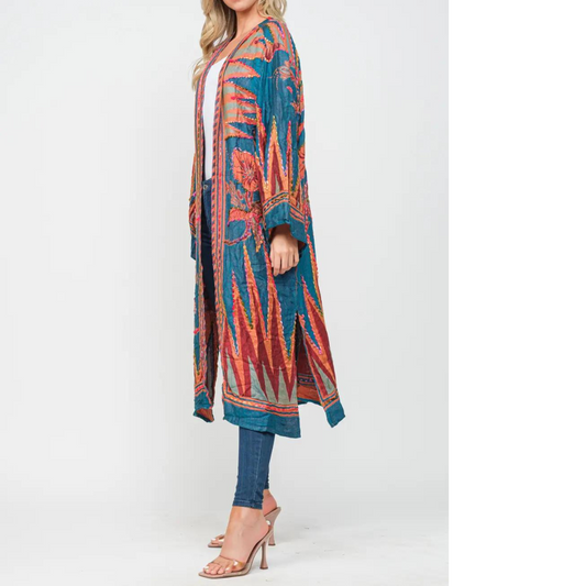 Teal Rust Abstract Floral Thick Stitch Colorful Hand Embroidered Long Kimono Duster from India