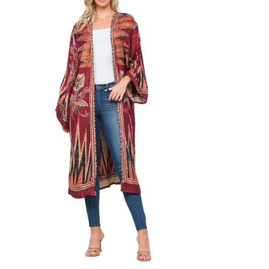 Burgundy Abstract Floral Thick Stitch Colorful Hand Embroidered Long Kimono from India