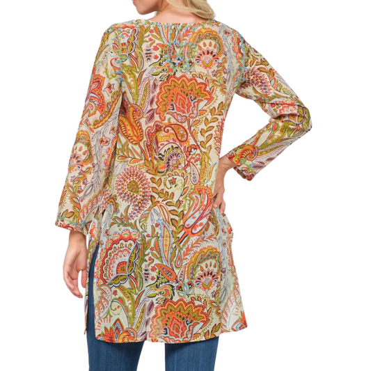 Ivory Orange Blue Paisley Printed Embroidered Cotton Tunic Top from India