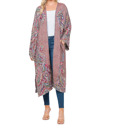 Plum Abstract Floral Paisley Colorful Thick Stitched Hand Embroidered Long Kimono Duster from India