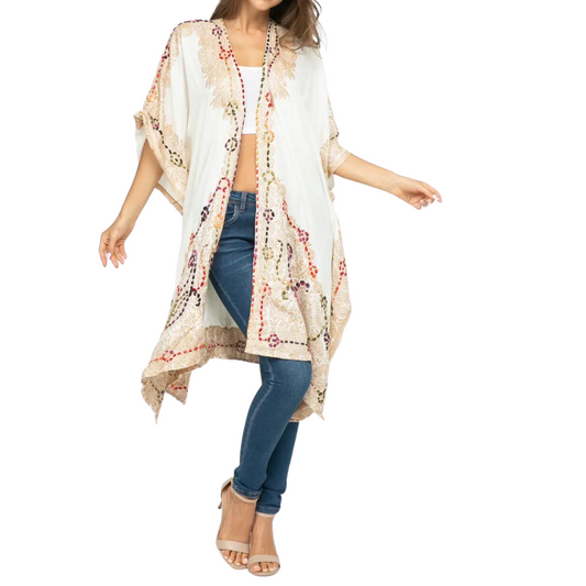 White with Gold Design and Colorful Thick Stitch Hand Embroidered Midi Kimono from India