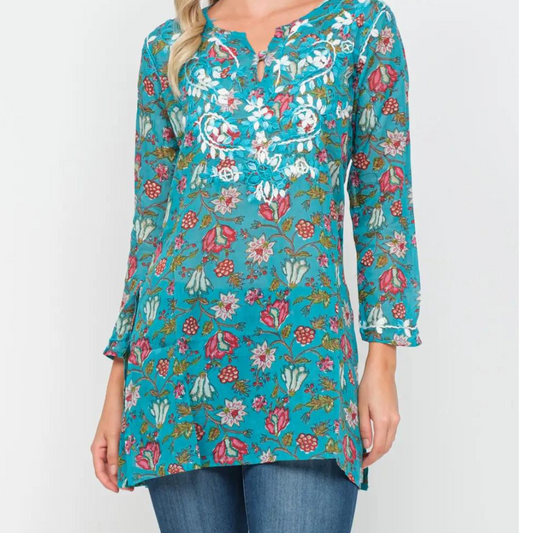 Turquoise Pink Green Floral Printed Embroidered Cotton Tunic Top from India