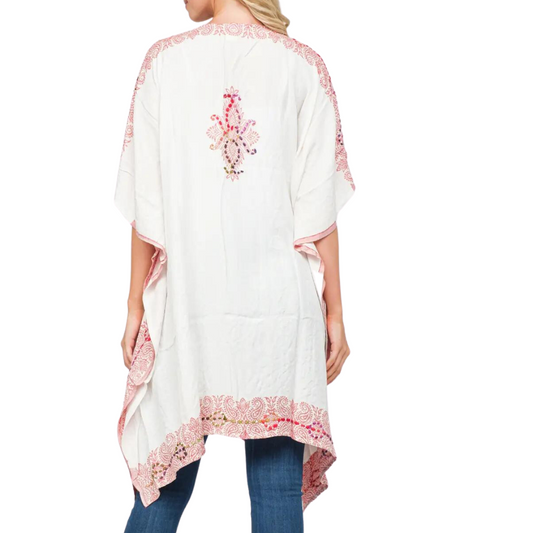 White with Light Coral Design and Colorful Thick Stitch Hand Embroidered Midi Kimono from India