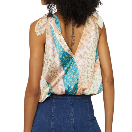 Satin Floral Patch Block Print Top with Tie Shoulder Straps