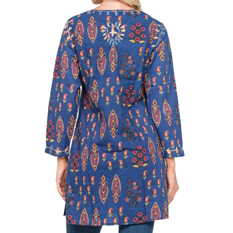 Blue Printed Embroidered Cotton Tunic Top from India