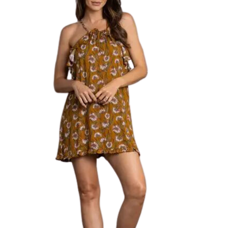 Mustard Yellow Floral Spaghetti Strap Front Tie Ruffled Mini Dress with Thin Racer Back Detail