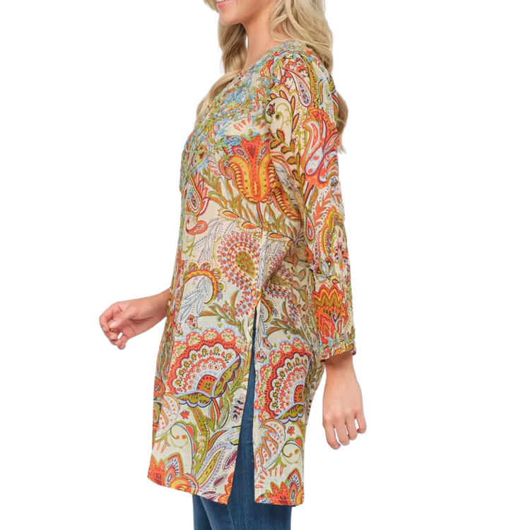 Ivory Orange Blue Paisley Printed Embroidered Cotton Tunic Top from India