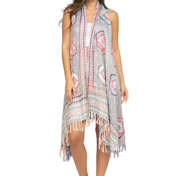 Boho Grey White Pink Long Vest with Colorful Thick Stitch Embroidered from India