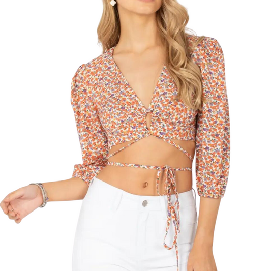 Peach Purple Floral Crop Front Keyhole Tie Center Wrap Top