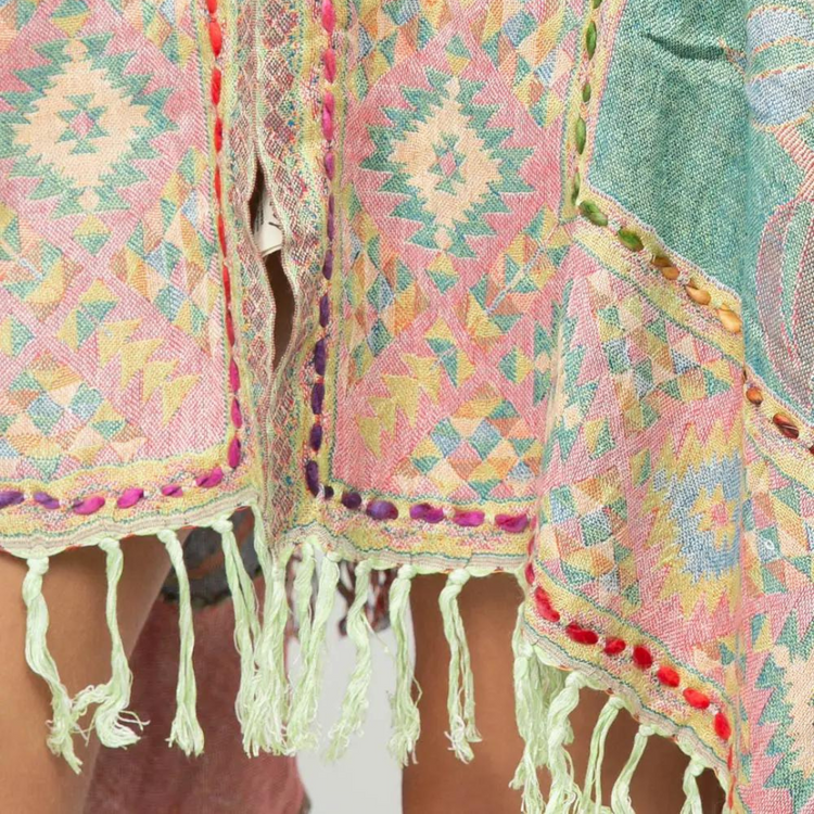 Boho Teal Pink Yellow Blue Thick Stitch Embroidered Long Vest from India