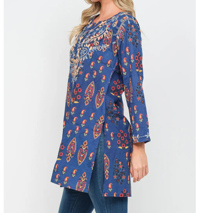 Blue Printed Embroidered Cotton Tunic Top from India