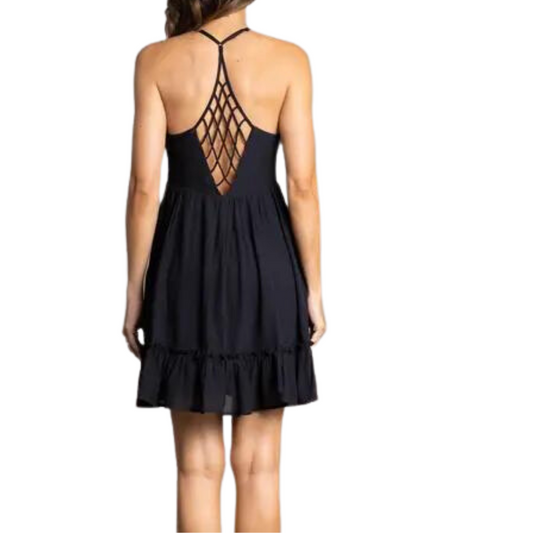 Black Spaghetti Strap V-Neck Mini Dress with Open Back Detail